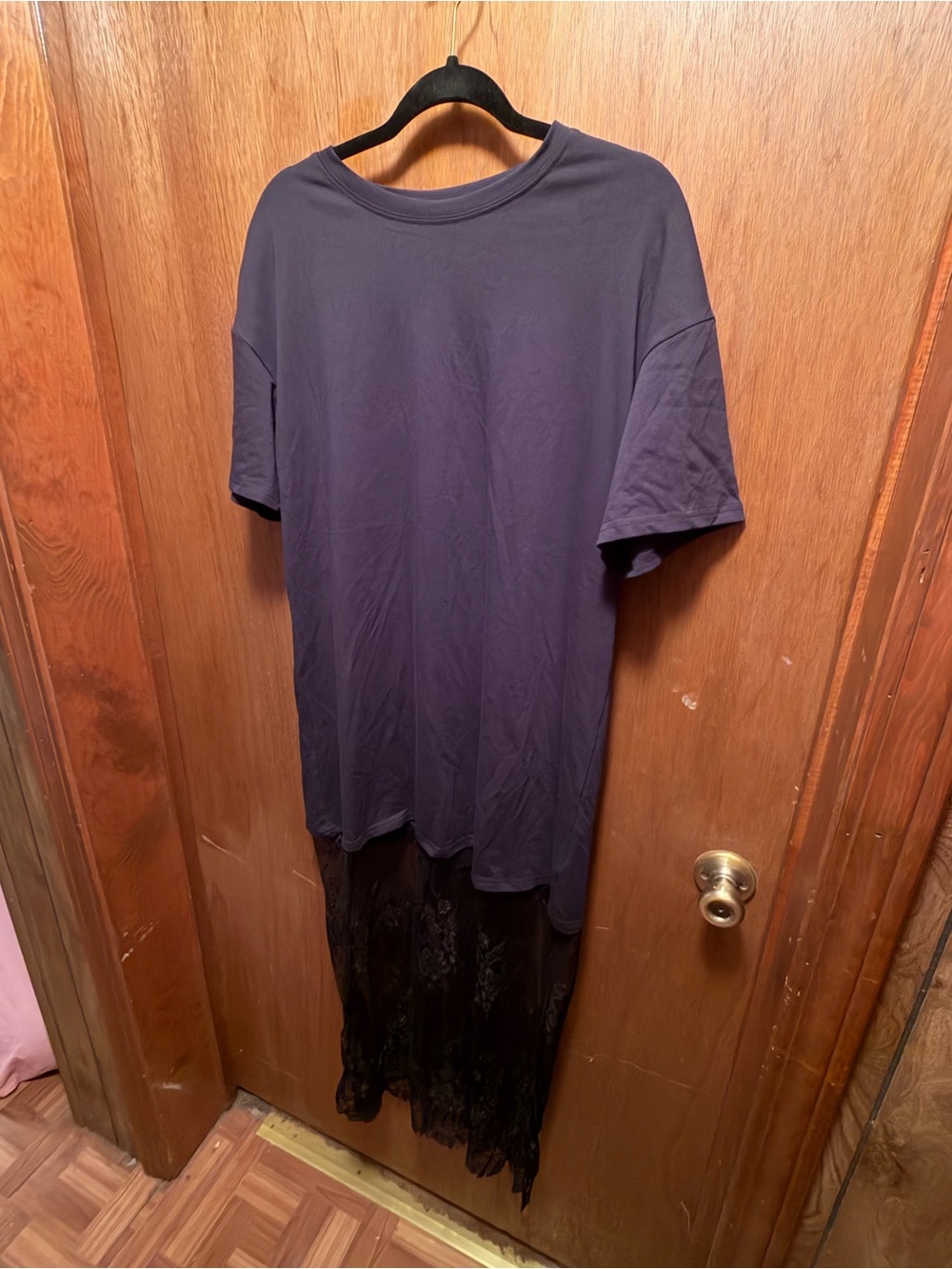 Casual Black T-Shirt Dress with Black Lace Hem